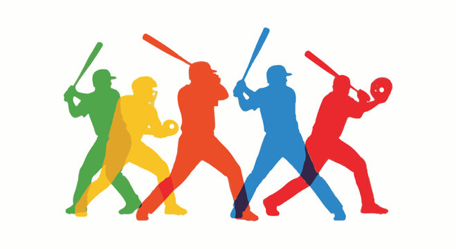 Vector illustration of overlapping colorful silhouettes of baseball players in action, showing batters swinging bats and a catcher in a vibrant, multi-colored flat graphic design.