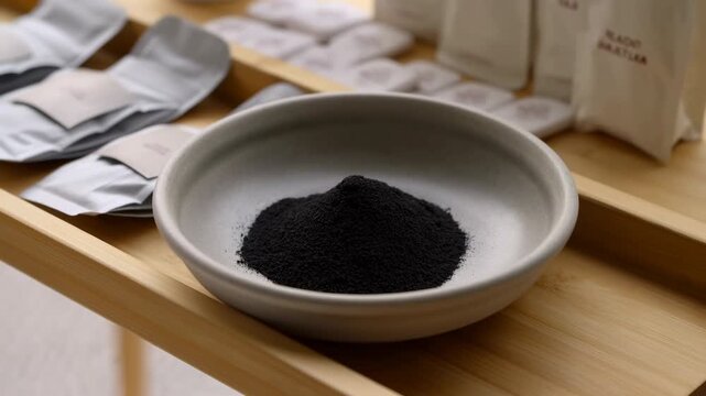 Shallow ceramic bowl with fine black powder on bamboo tray in minimalist wellness setting, surrounded by folded sachets, natural textures, soft light, calm neutral styling