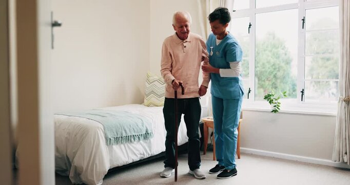 Help, caregiver and senior man with cane in home for healthcare, elderly support or wellness. Retirement, nurse and old person with patient care, homecare and lifting for mobility or recovery
