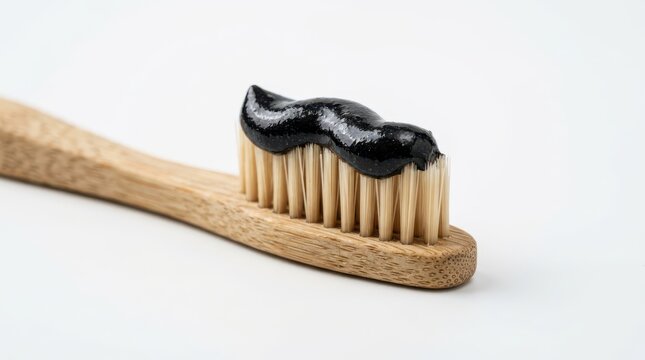 Bamboo toothbrush with black charcoal toothpaste isolated on white background