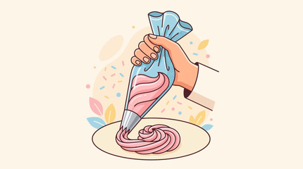 Hand piping pink frosting onto a plate, baking decoration concept. © Iffa