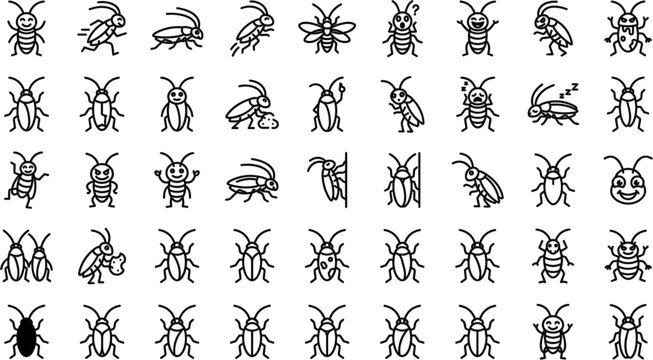 Cute Cartoon Cockroach and Bug Character Line Icon Set with Funny Poses for Pest Control Services and Household Hygiene VectorCute Cartoon Cockroach and Bug Character Line Icon Set with Funny Poses fo