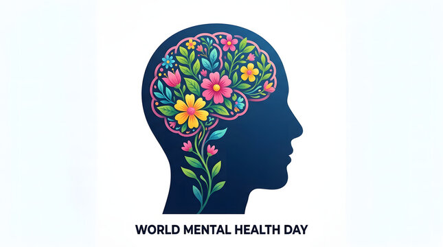 Floral Mindscape: Illustrating the beauty of a healthy mind, this graphic depicts a silhouette of a human head filled with vibrant flowers and greenery, symbolizing growth, peace.