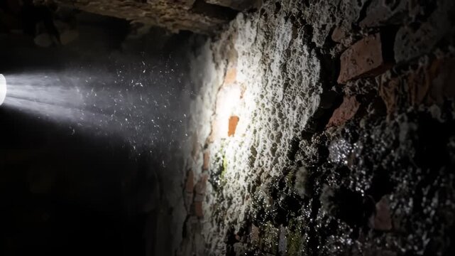 Flashlight beam illuminating damp brick wall in dark basement. Intense spotlight effect on textured aged masonry surface in underground cellar, cinematic lighting atmosphere for suspenseful video.