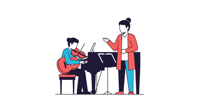 Music Lesson: Student Plays Violin with Teacher Instructing at Piano