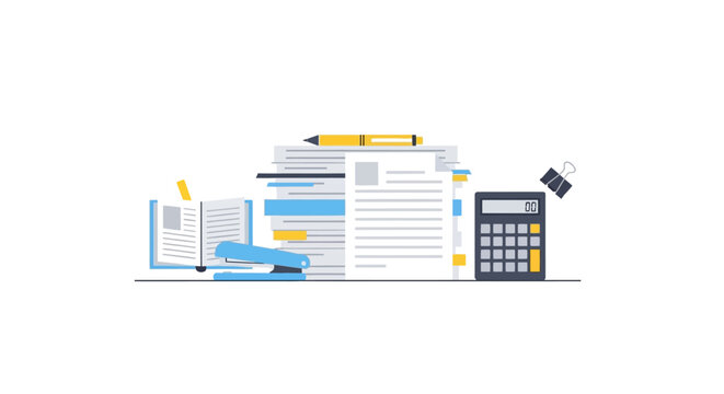 Office Supplies Stacked Paperwork Calculator Stapler Book Pen Binder Clip White Background