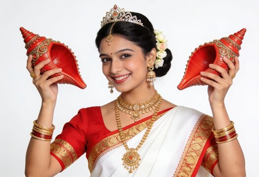 Beautiful Indian woman in traditional attire holding decorative conch shells