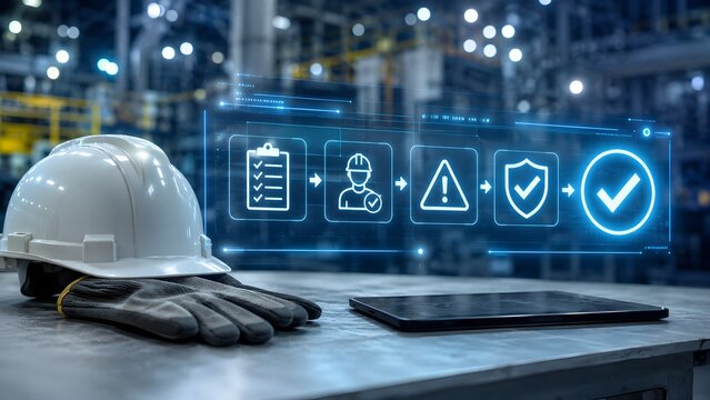 Worker safety compliance checklist hologram with shield and hazard alert icons