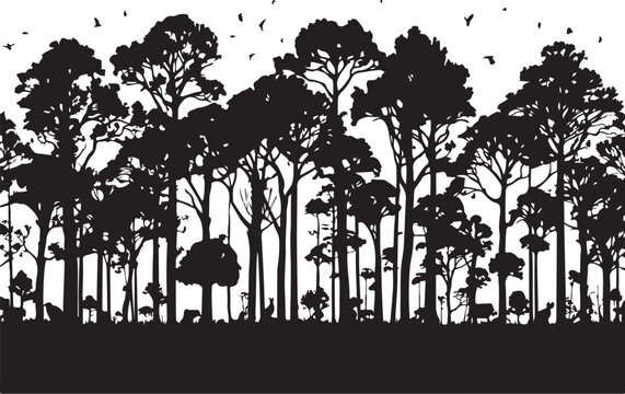 Black silhouette of trees with birds flying overhead forest