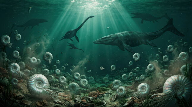 Ancient inland sea teeming with ammonites, mosasaurs, and diving plesiosaurs, rendered as a stylized underwater tableau with iridescent shells, swirling silt, sunbeams, and gigantic predatory
