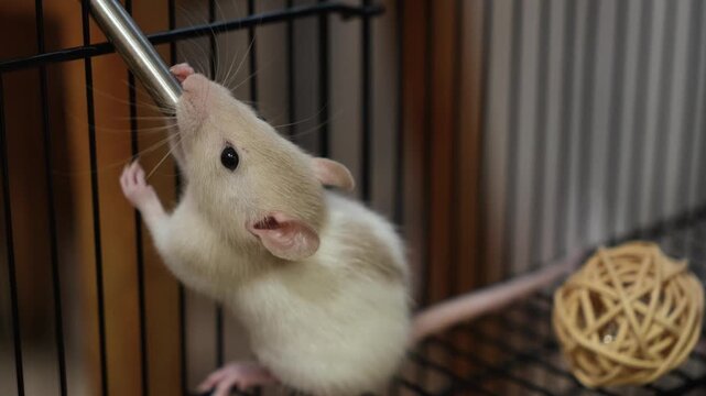 cute white and gray decorative rat dumbo drinks water from a drinking bowl. life of decorative rats, care and leisure. happy animals