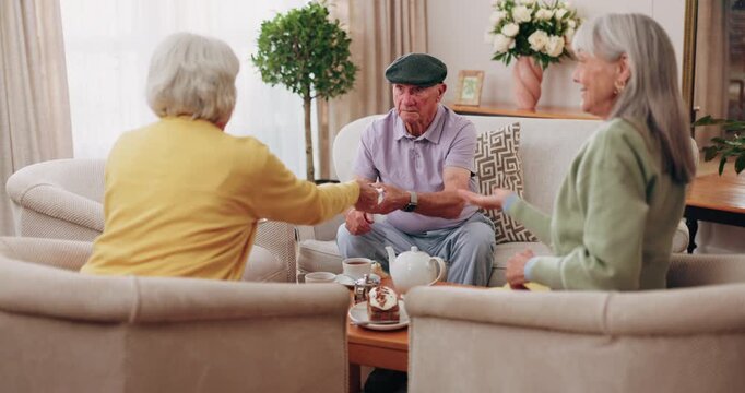 Talking, tea and support with old people on sofa in home for chat, connection or brunch visit. Social gathering, reunion and retirement with senior friends in living room of apartment for dessert