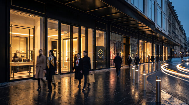 Luxury Shopping Street Evening with Pedestrians