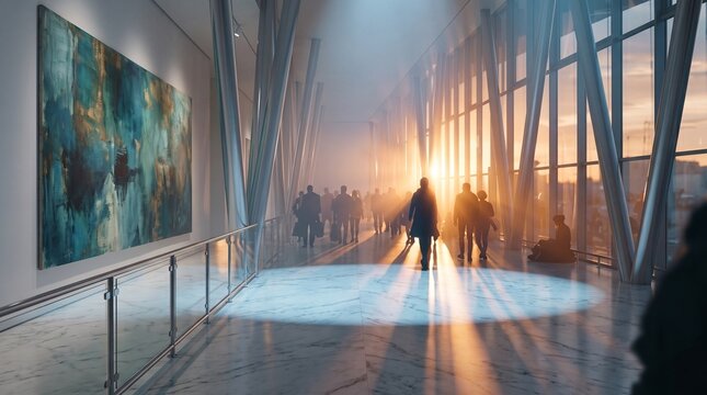 Diverse Crowd Walking Through Modern Architectural Corridor at Sunset