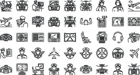 Aviation and Airplane Cockpit Line Icon Set with Pilots Flight Controls Radar Panels Badges and Air Traffic Management Elements VectorAviation and Airplane Cockpit Line Icon Set with Pilots Flight Con © MDJAHIDUL