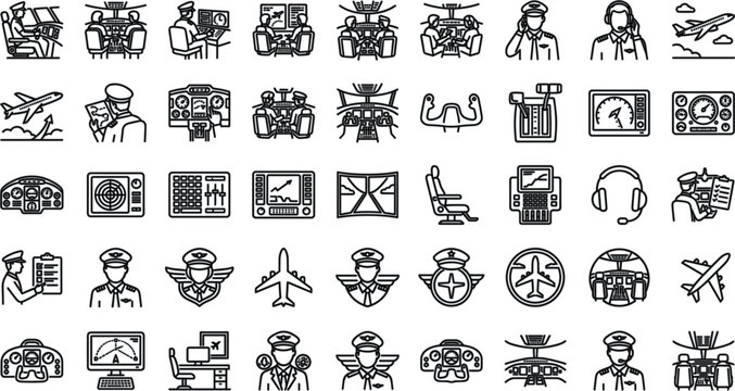 Aviation and Airplane Cockpit Line Icon Set with Pilots Flight Controls Radar Panels Badges and Air Traffic Management Elements VectorAviation and Airplane Cockpit Line Icon Set with Pilots Flight Con