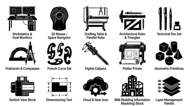 Architectural Design Tools Icons: Black  White Line Art Set