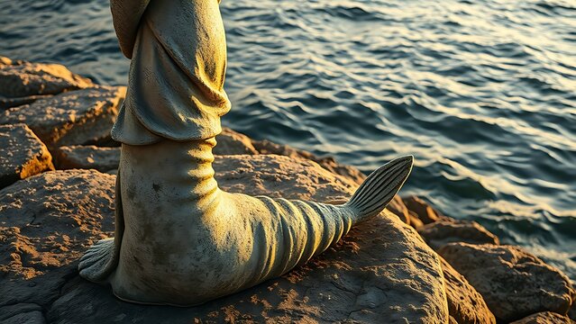 Weathered stone statue on a coastline, human upper body and fish tail, golden hour light.