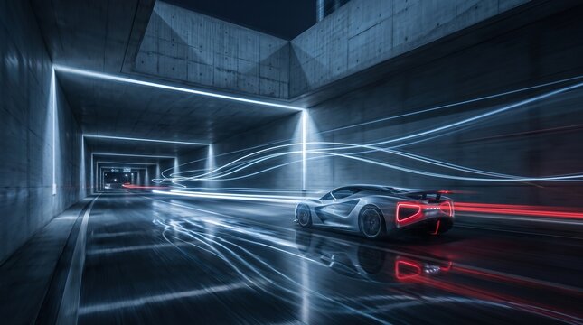 Futuristic Sports Car Driving Through Neon Tunnel