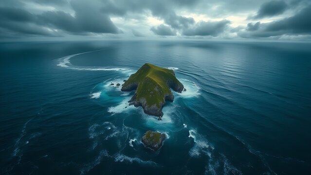 A solitary rocky island in a vast ocean surrounded by turbulent waves.