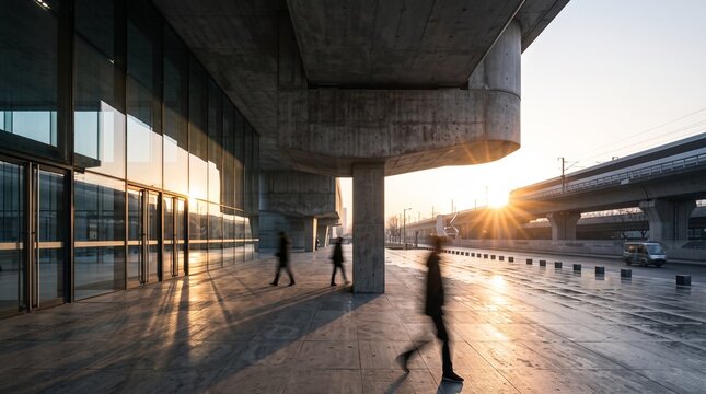 Urban Commuters Moving Through Modern Transit Hub at Sunset