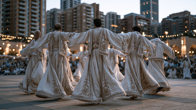Lebanese dabke dance line of mixed-age performers linking arms mid-stomp, traditional embroidered attire flowing with movement, busy urban plaza backdrop with surrounding