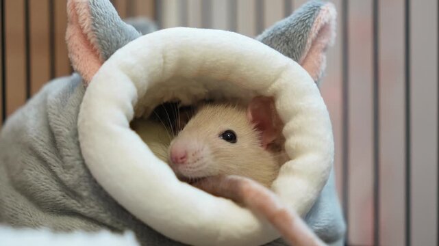 Cute white and gray decorative rat Dumbo sits in a gray plush house. life of decorative rats, care and leisure. happy and smart animals.