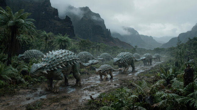A herd of armored ankylosaurs moving through a rain-soaked Cretaceous valley, with ferns, mud, volcanic cliffs, and a juvenile sheltered in the group. Heavy osteoderm plates, tail clubs, and glossy