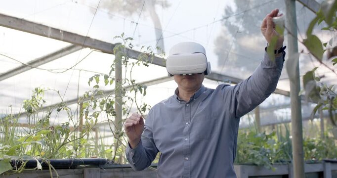 Mid-adult woman wearing white VR headset, shirt following VR prompts, gesturing in greenhouse beds