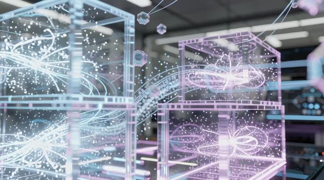 Quantum computing interface with glowing data trails in a laboratory setting