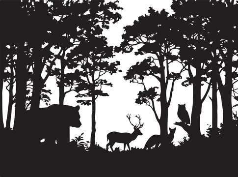 Forest silhouette, animals in woods, bear, deer, fox, owl