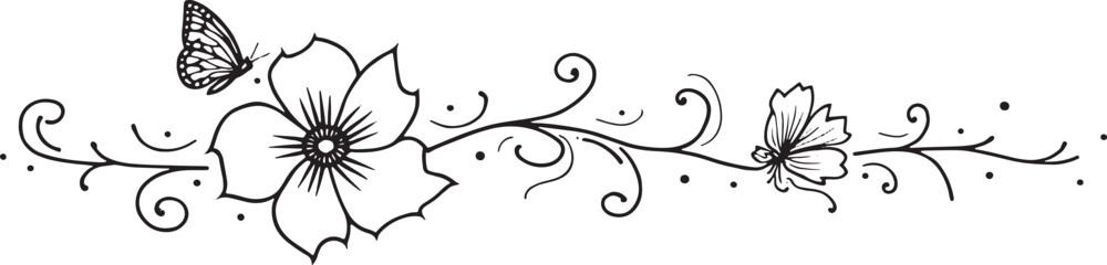 Fototapeta premium Beautiful hand drawn flower vine divider with butterflies illustration Vector