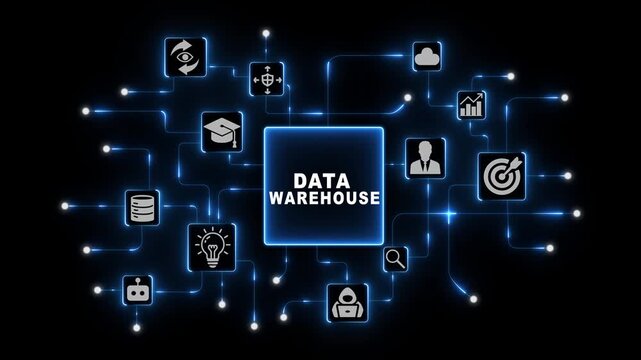 Data Warehouse Architecture with Connected Technology Icons in Blue Neon Digital Network on Dark Corporate Background