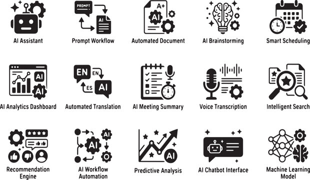 Artificial intelligence productivity and workflow automation icon set