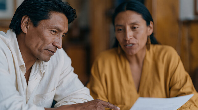 Young Bolivian couple sits in a notary office reviewing an earnest money deposit addendum under fluorescent light, the male partner pressing his finger to a clause while the