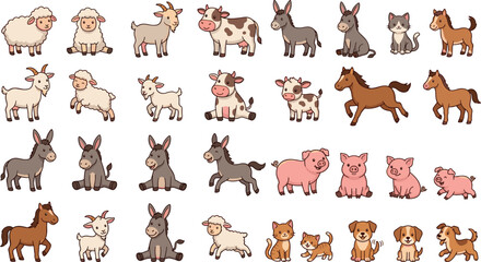 Fototapeta premium Cute Farm Animals Cartoon Sticker Set with Horse, Cow, Sheep, Goat, Donkey, Pig, Dog, and Cat for Kids Educational Vector Graphic Design Elements