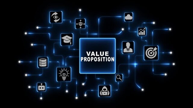 Value Proposition Strategy with Connected Business Icons in Blue Neon Digital Network on Dark Technology Background