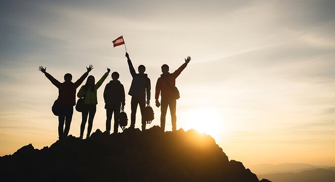 Group of happy friends standing on a mountain peak holding a flag at sunset with arms raised in victory and success