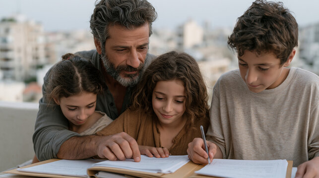 Lebanese blended family portrait on modest apartment balcony in overcast autumn afternoon, stepfather helping two children from previous marriages with homework folders, urban