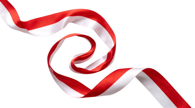horizontal red and white satin ribbon curled in a swirl isolated on transparent background 