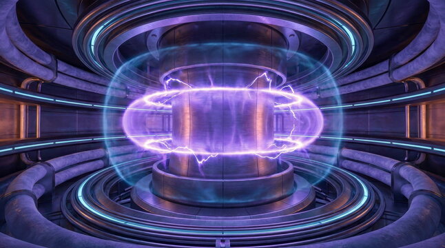 Massive fusion reactor chamber with a toroidal plasma core, superconducting magnetic coils, cryogenic conduits, and a bright containment halo. Violet plasma arcs, polished steel rings, heat