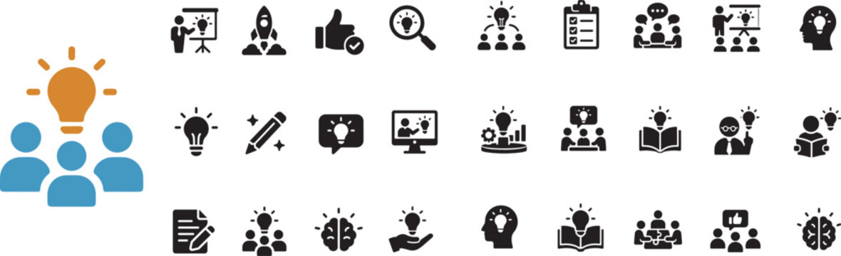 Brainstorming and Innovation Icons Set: Team Idea Generation, Creative Thinking, Business Startup Rocket, Mind Mapping, Collaboration, Solution Discovery, and FinTech Vector Graphics