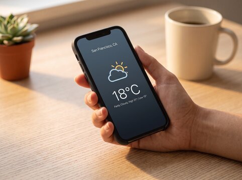 Weather app on smartphone, hand holding phone, sunny forecast, temperature display