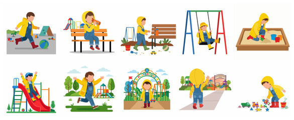 Fototapeta premium Set of flat vector illustrations of a little boy in a yellow raincoat and blue overalls playing at a playground, featuring activities like sliding, swinging, and playing in a sandbox.