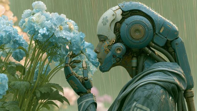 Robot interacts with flowers in a futuristic setting during a rainy day