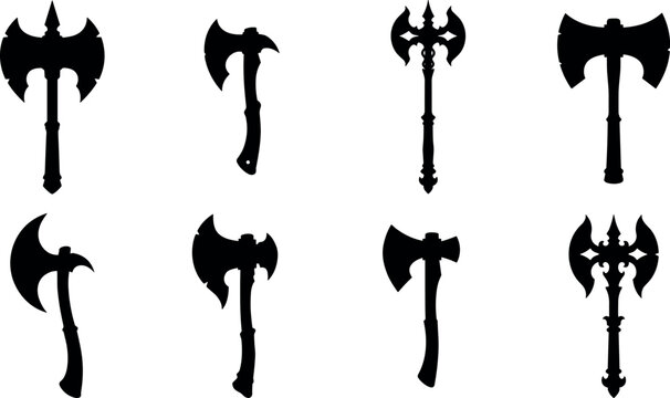 Medieval Axe Silhouettes Collection Featuring Double Blade Ornate and Battle Designs