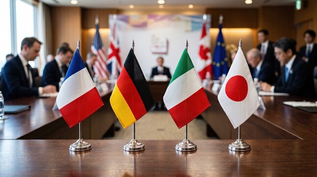 National flags of France, Germany, Italy, and Japan on conference table during international summit