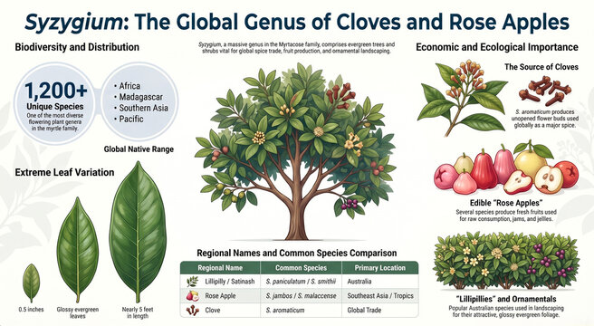 Educational infographic exploring the genus Syzygium, its taxonomy, species diversity, botany, distribution and ecological importance.