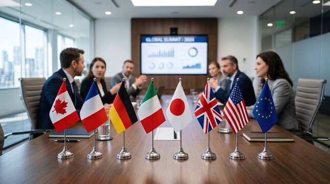 Group of diverse business executives and diplomats at global summit conference table with flags