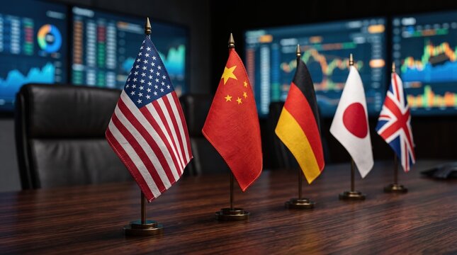 Small flags of USA, China, Germany, Japan, and UK on wooden table with financial charts background
